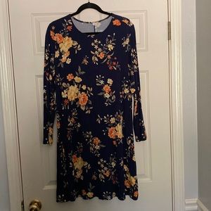 Long Sleeve, Dark Blue Floral Dress